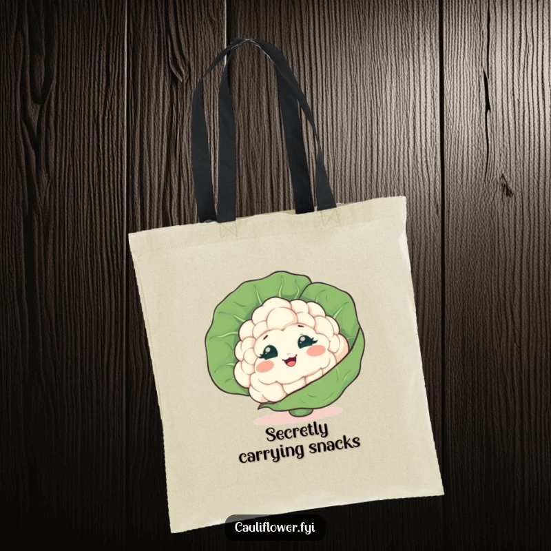 Funny Cauliflower Tote Bag showcasing a veggie peeking from behind a leaf, giggling playfully, ideal for carrying mischief.