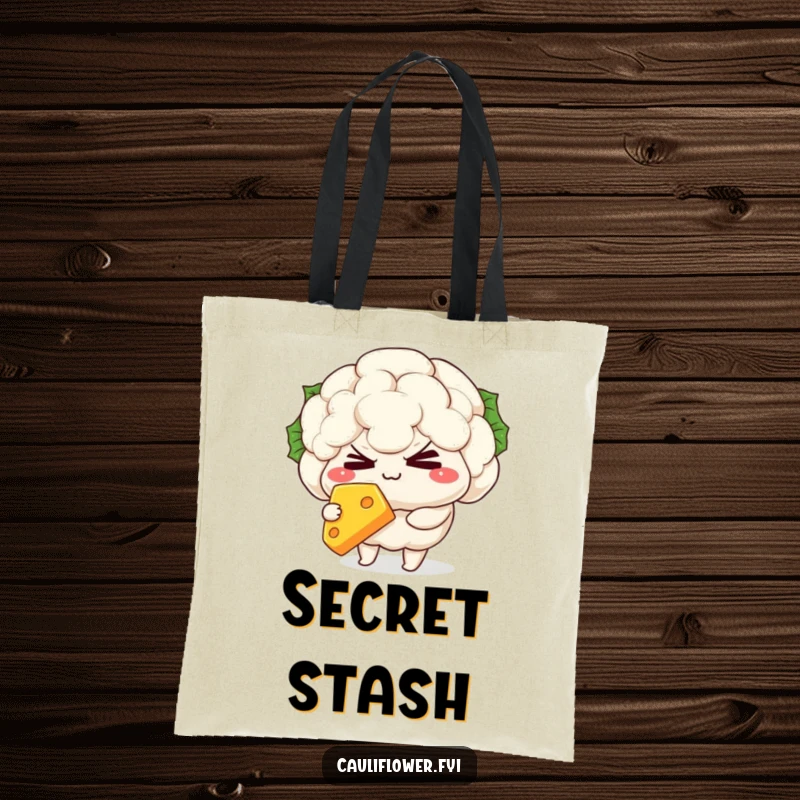 Funny Tote Bag with a mischievous kawaii cauliflower character winking mischievously while holding a mouth-watering slice of cheese.