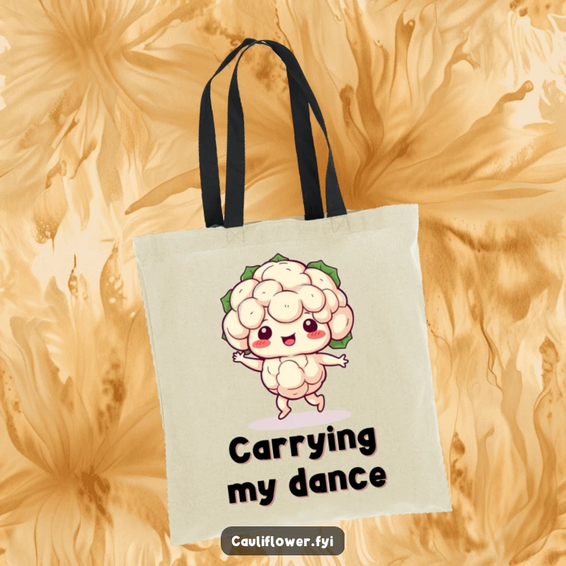 Funny Kawaii cauliflower doing a silly shuffle dance, a humorous and practical tote bag.