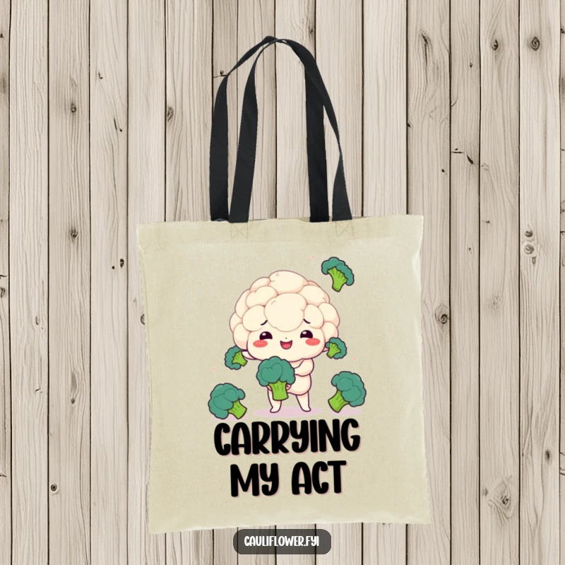 Funny tote bag with a kawaii cauliflower juggling broccoli, perfect for carrying items with flair.