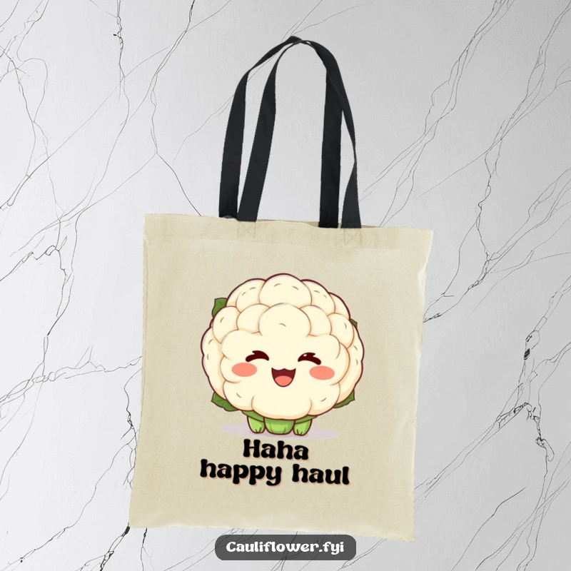 Funny tote bag with a kawaii cauliflower showing exaggerated laughter lines, perfect for carrying essentials and spreading infectious happiness.