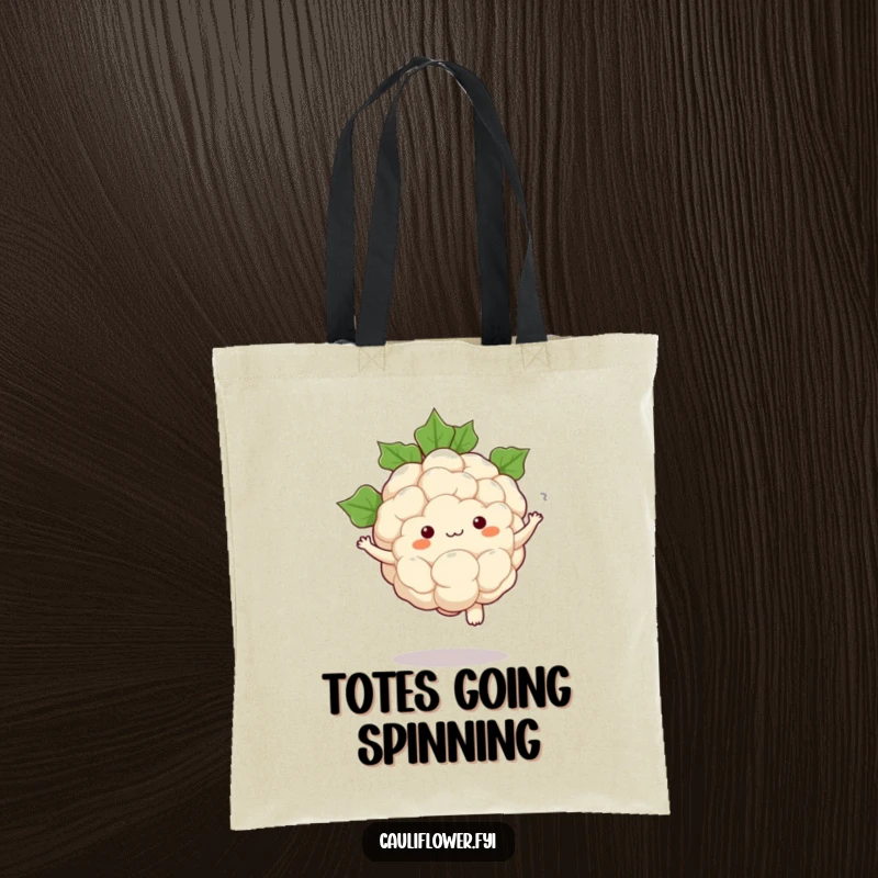 Funny tote bag showing a kawaii cauliflower character performing a comical pirouette with leaves swirling around it.