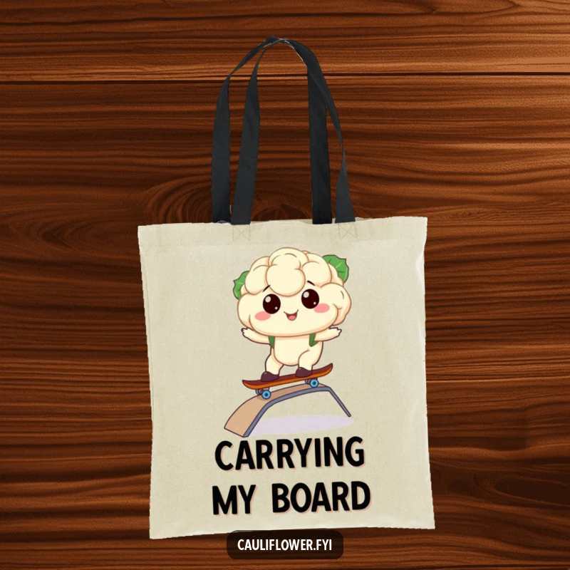 Funny tote bag with a kawaii cauliflower skillfully riding a skateboard down a ramp.