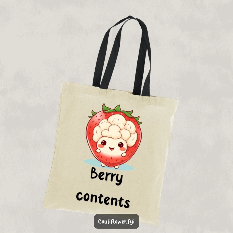 Funny Kawaii Cauliflower Tote Bag: A stylish tote featuring a cauliflower peeking from behind a giant, happy strawberry, a humorous and adorable design.