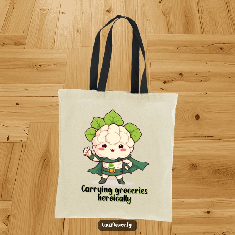 Funny tote bag with a kawaii cauliflower dressed as a superhero, flexing a leafy arm with might.