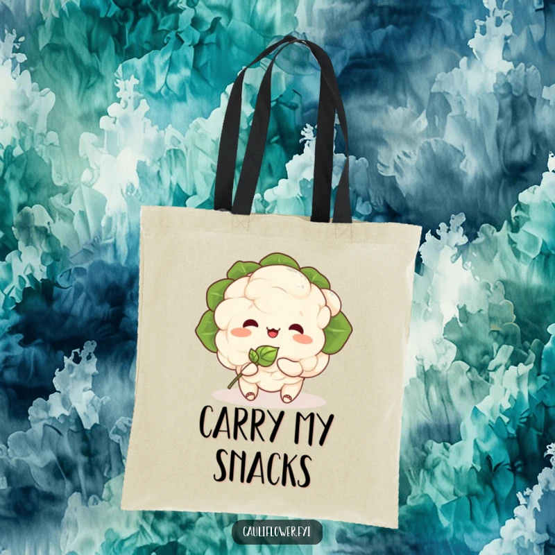 Funny Kawaii cauliflower character eating a tiny, smiling sprout, on a tote bag, perfect for cheerful errands.
