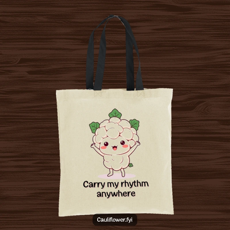 Funny Kawaii cauliflower character doing a joyful, silly dance while carrying items in a spacious tote bag.