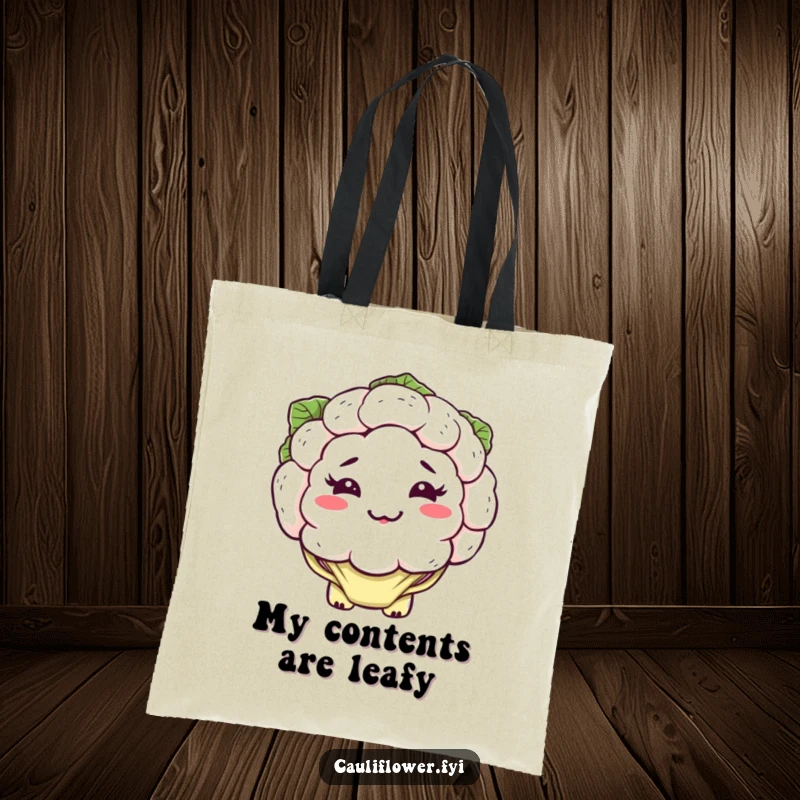 Funny kawaii cauliflower tote bag with a silly, lopsided grin and floppy leaves, a humorous and practical carry-all.