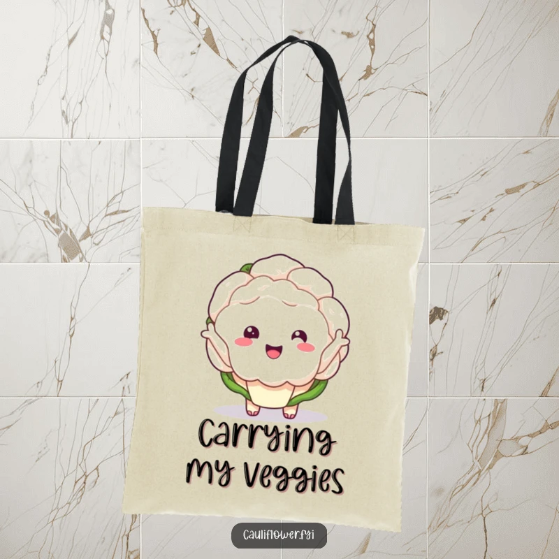 Funny kawaii cauliflower with tiny arms waving enthusiastically on a tote bag.