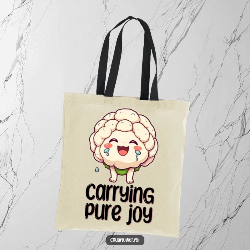 Funny tote bag featuring a kawaii cauliflower character laughing heartily, tears of joy streaming down, ready to spread amusement.