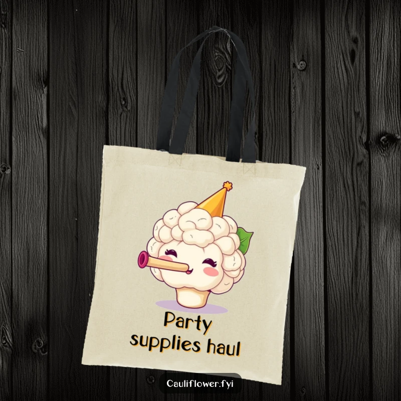 Funny Cauliflower Tote Bag showcasing a festive veggie in a party hat blowing a horn, perfect for carrying party supplies.
