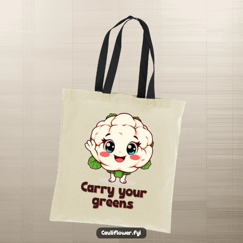 Funny cauliflower tote bag showcasing a cheerful vegetable character waving hello, ideal for shopping and carrying essentials with a smile.