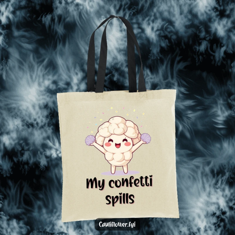 Funny Tote Bag with a kawaii cauliflower character triumphantly cheering amidst a shower of sparkly confetti, perfect for carrying essentials.