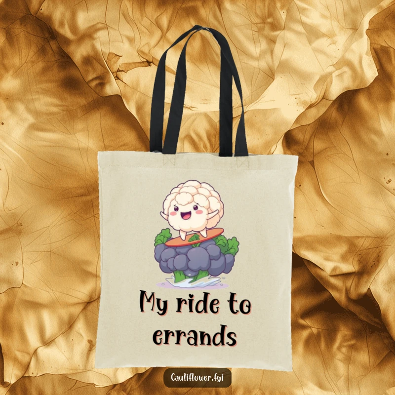 Funny cauliflower grinning on a broccoli floret surfboard, ready to carry your gear with beachy humor.