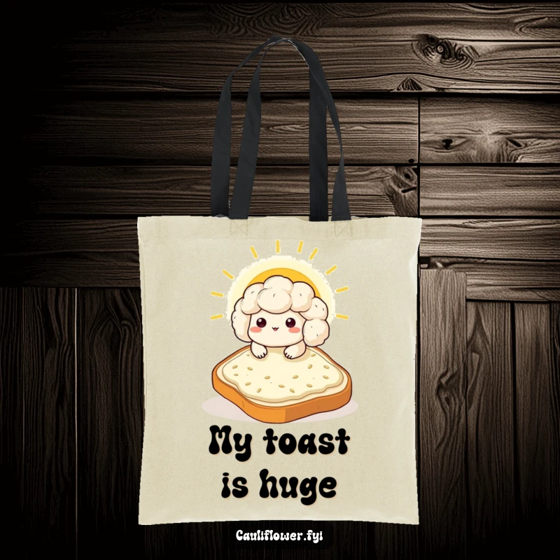 Funny Kawaii cauliflower sunbathing on a giant slice of toast, a humorous and practical tote bag.