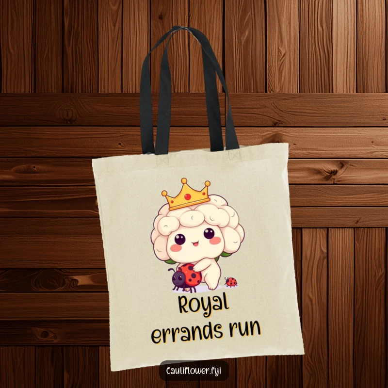 Funny Kawaii cauliflower character in a crown, riding a ladybug on a tote bag, designed for regal adventures.
